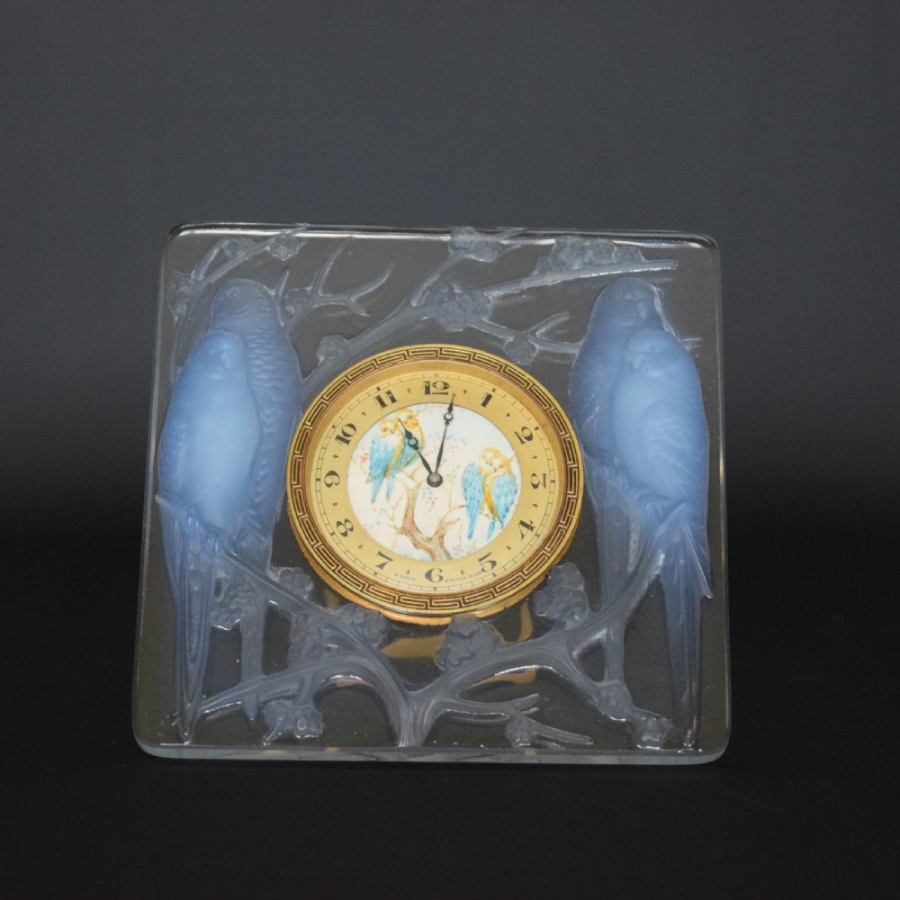 Iconic Rene Lalique opalescent Inseparables clock with painted dial C1926