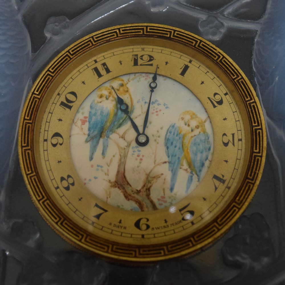 Iconic Rene Lalique opalescent Inseparables clock with painted dial C1926 View V