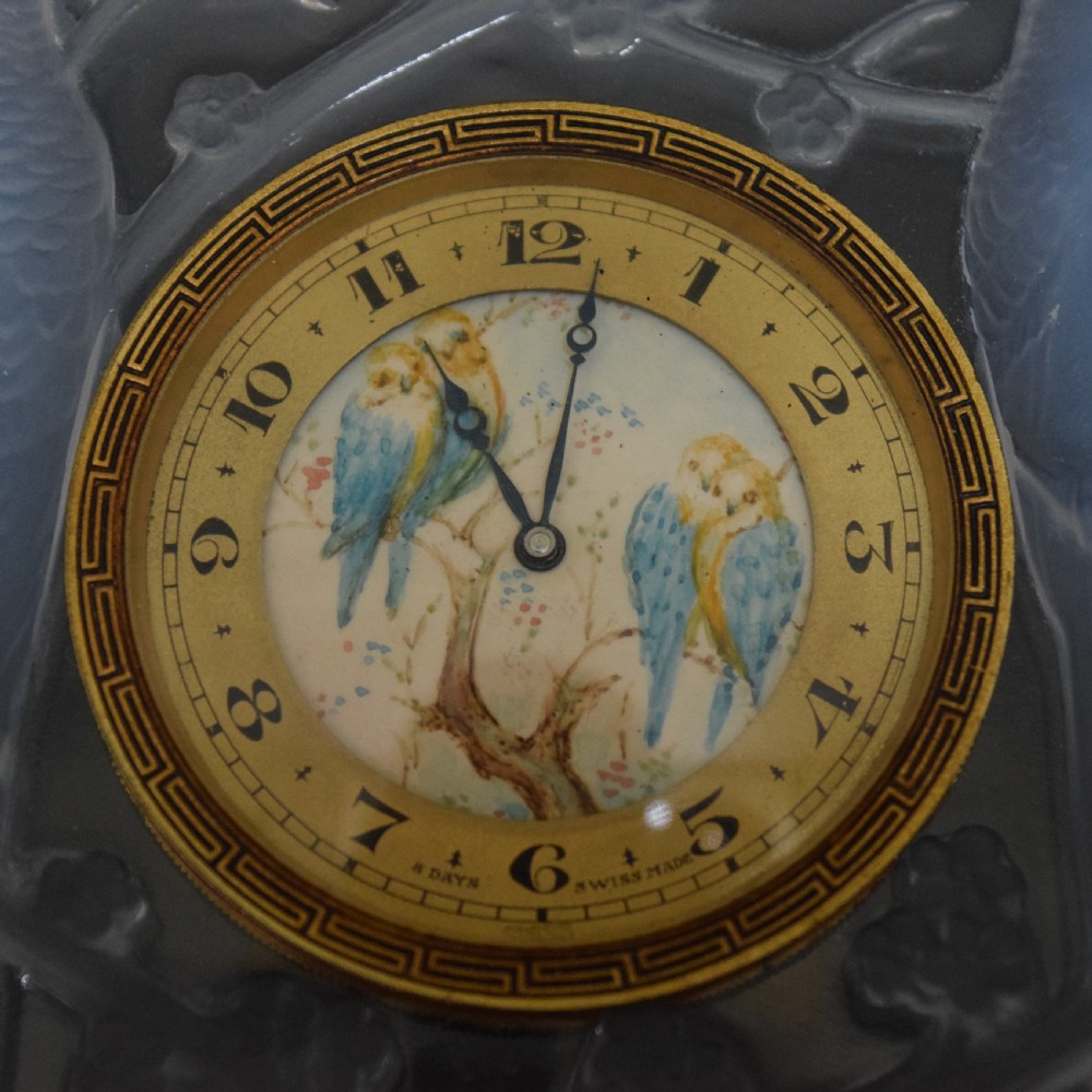 Iconic Rene Lalique opalescent Inseparables clock with painted dial C1926 View VI