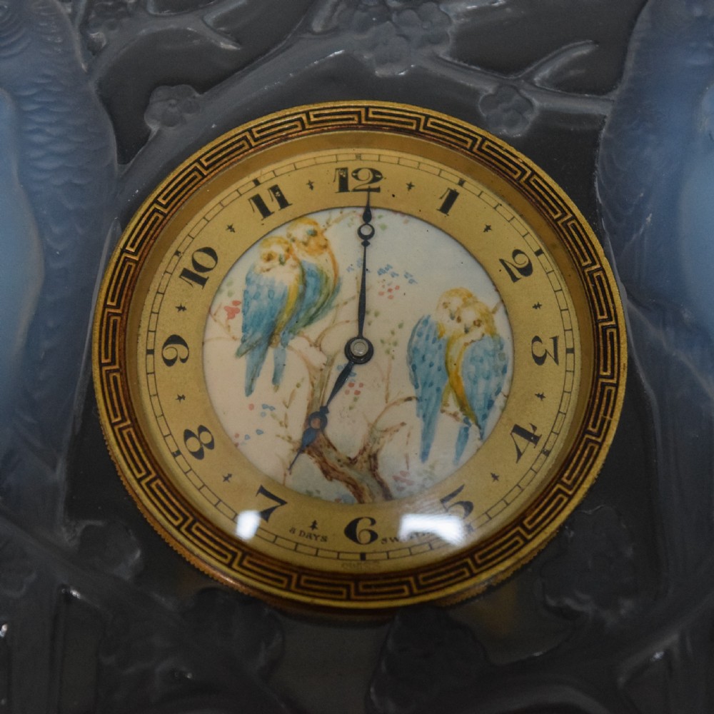 Iconic Rene Lalique opalescent Inseparables clock with painted dial C1926 View VII