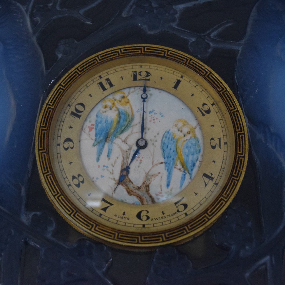 Iconic Rene Lalique opalescent Inseparables clock with painted dial C1926 View VIII