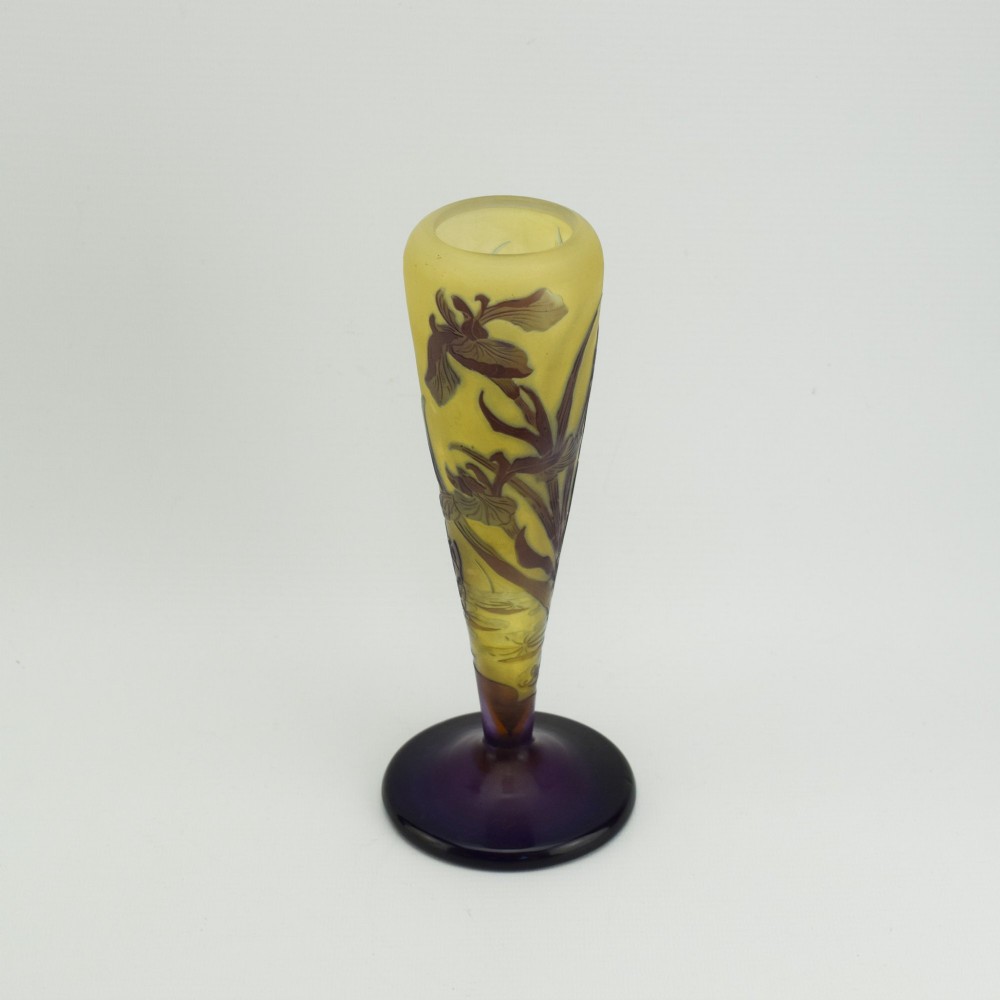 An Art Nouveau cameo glass vase featuring dark purple and brown acid-etched iris flowers against a textured yellow background with a dark purple foot. View II