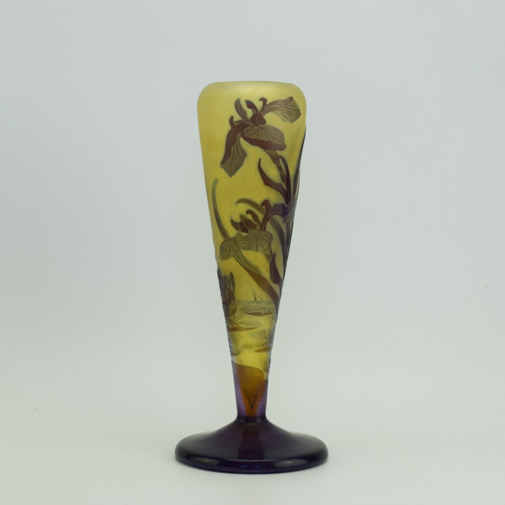 An Art Nouveau cameo glass vase featuring dark purple and brown acid-etched iris flowers against a textured yellow background with a dark purple foot. View VII