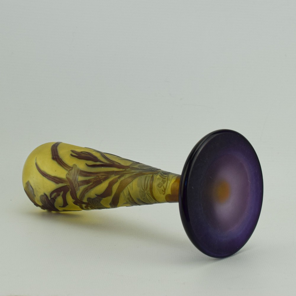 An Art Nouveau cameo glass vase featuring dark purple and brown acid-etched iris flowers against a textured yellow background with a dark purple foot. View IX