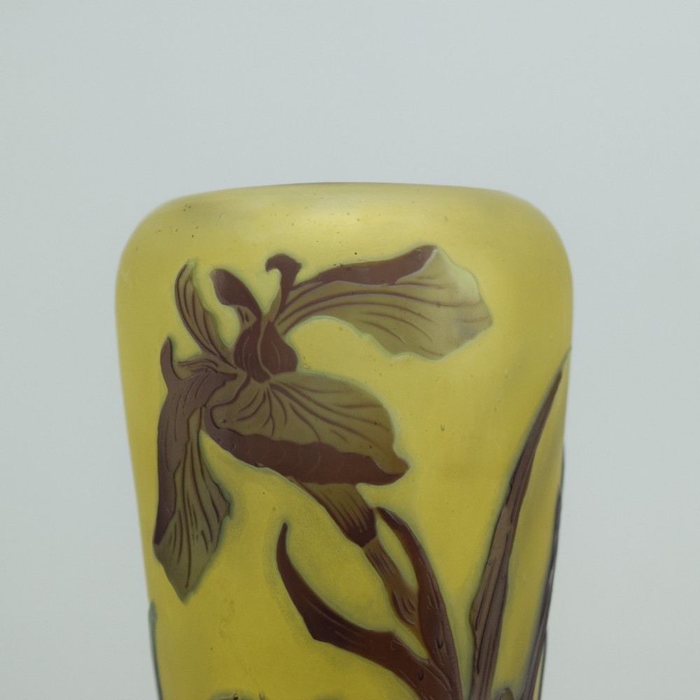 An Art Nouveau cameo glass vase featuring dark purple and brown acid-etched iris flowers against a textured yellow background with a dark purple foot. View XI