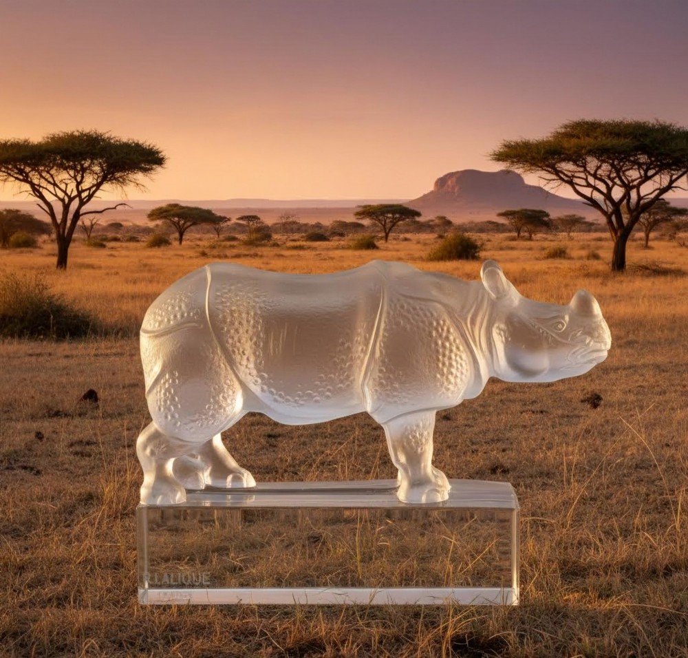 A moulded clear and frosted glass paperweight featuring a stylized rhinoceros standing on an integral rectangular base, marked R. Lalique France. View IX