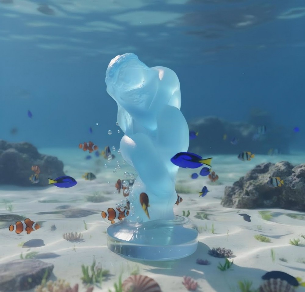 An Art Deco opalescent blue glass car mascot depicting a Sirene or mermaid-like crouching figure on a circular base. View IV