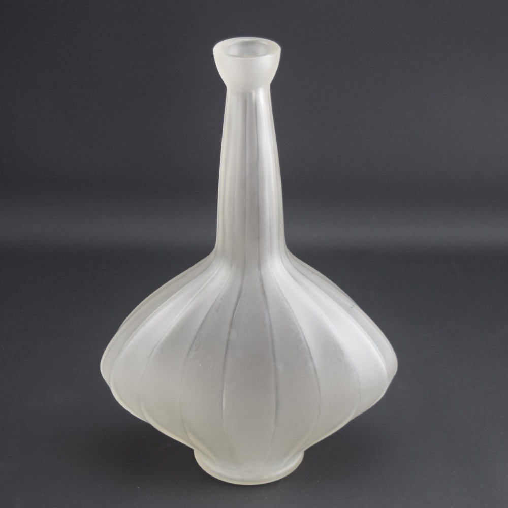 A frosted clear glass decanter featuring a wide, vertically ribbed bulbous body tapering into a slender neck.