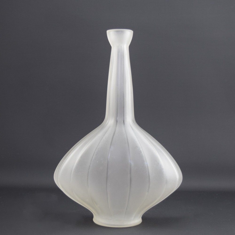 A frosted clear glass decanter featuring a wide, vertically ribbed bulbous body tapering into a slender neck. View II