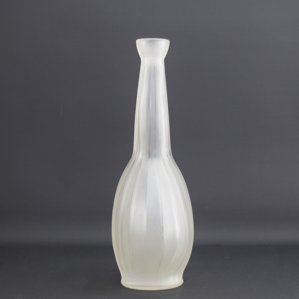 A frosted clear glass decanter featuring a wide, vertically ribbed bulbous body tapering into a slender neck. View III