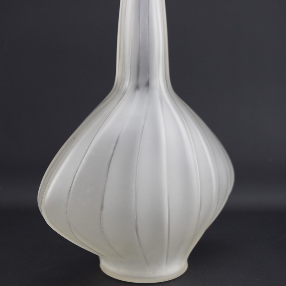 A frosted clear glass decanter featuring a wide, vertically ribbed bulbous body tapering into a slender neck. View VIII