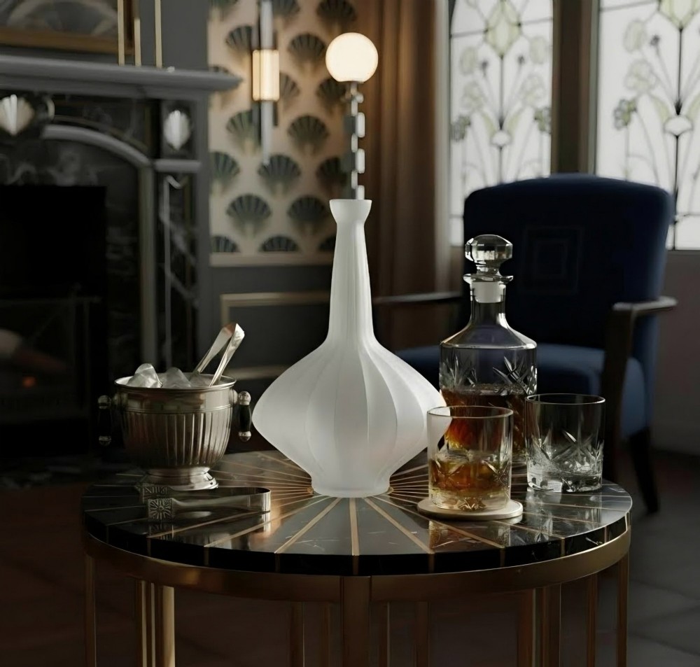 A frosted clear glass decanter featuring a wide, vertically ribbed bulbous body tapering into a slender neck. View IX