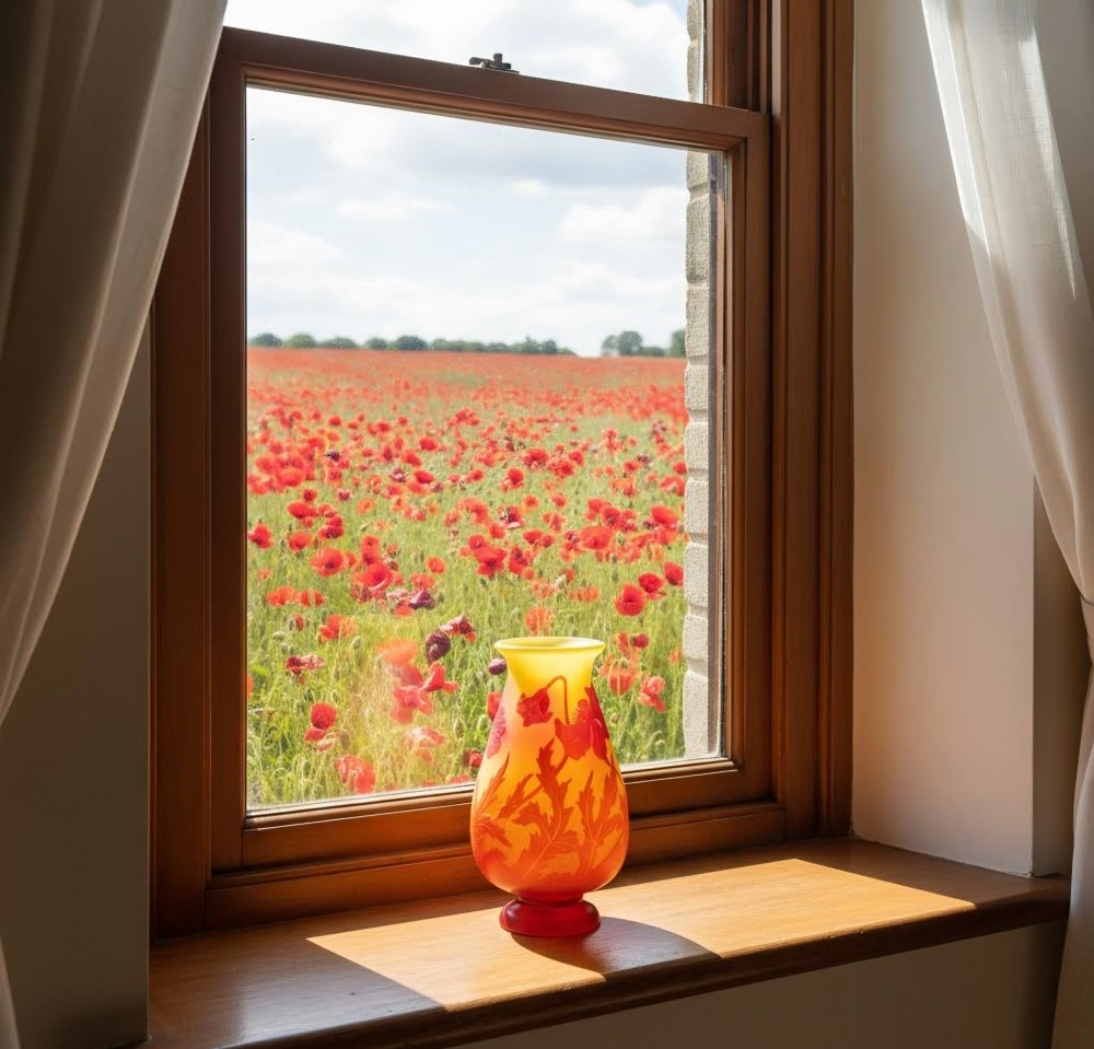 An Art Nouveau French cameo glass footed vase featuring an acid-etched red poppy design over a translucent yellow and orange ground. View IV