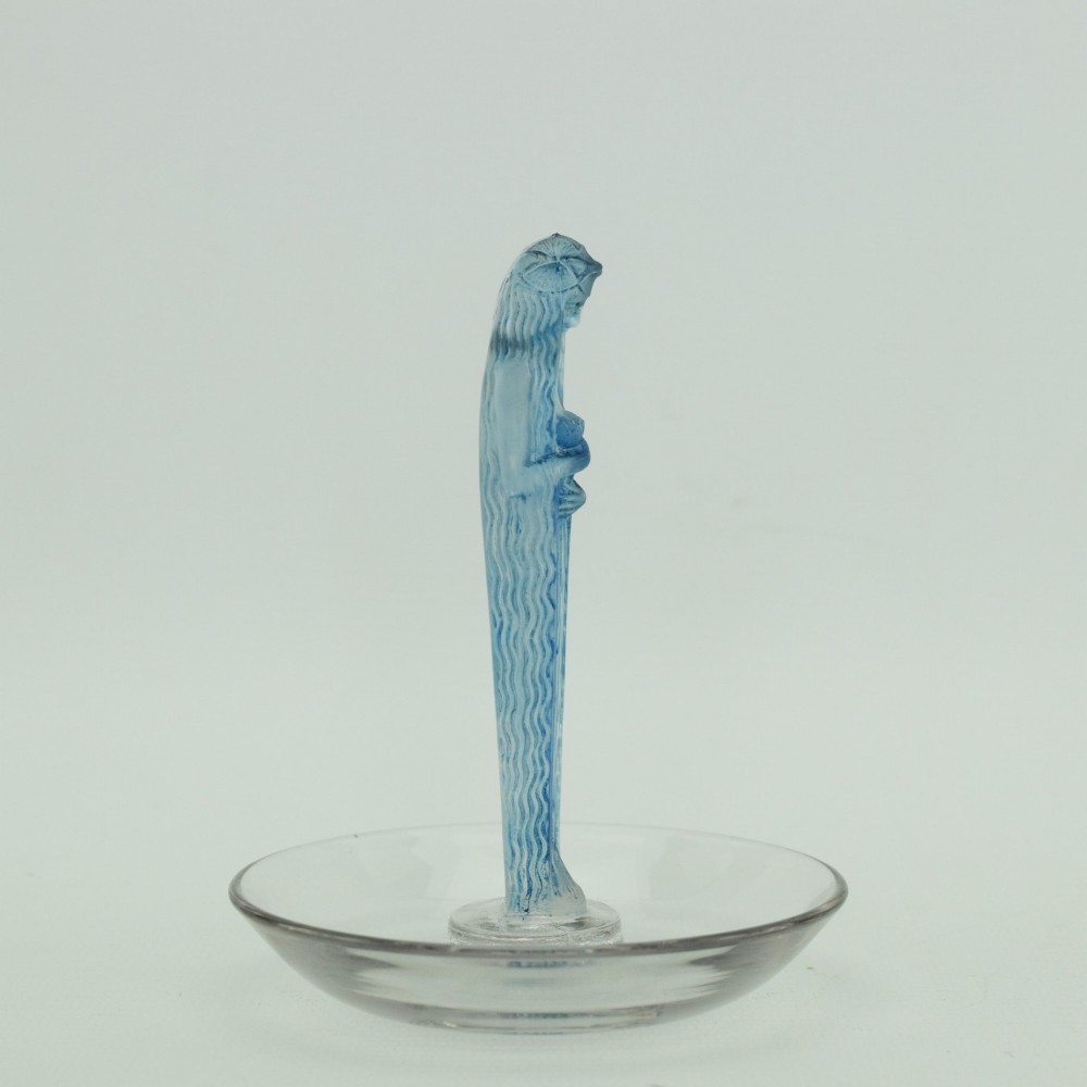 An Art Deco clear glass shallow dish featuring a central moulded frosted blue glass figure of a standing female water nymph. View II