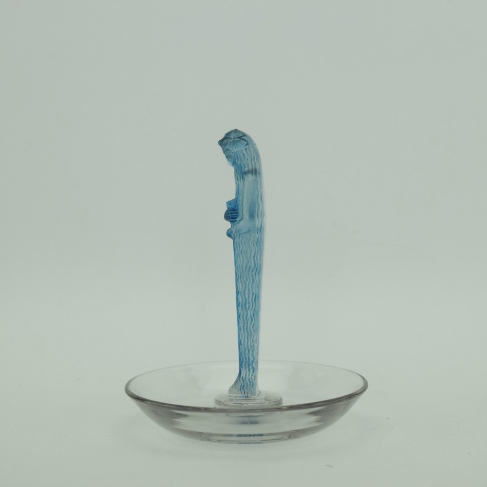 An Art Deco clear glass shallow dish featuring a central moulded frosted blue glass figure of a standing female water nymph. View III