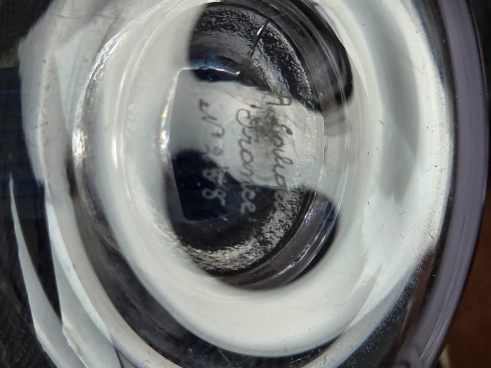 An Art Deco clear glass shallow dish featuring a central moulded frosted blue glass figure of a standing female water nymph. View V