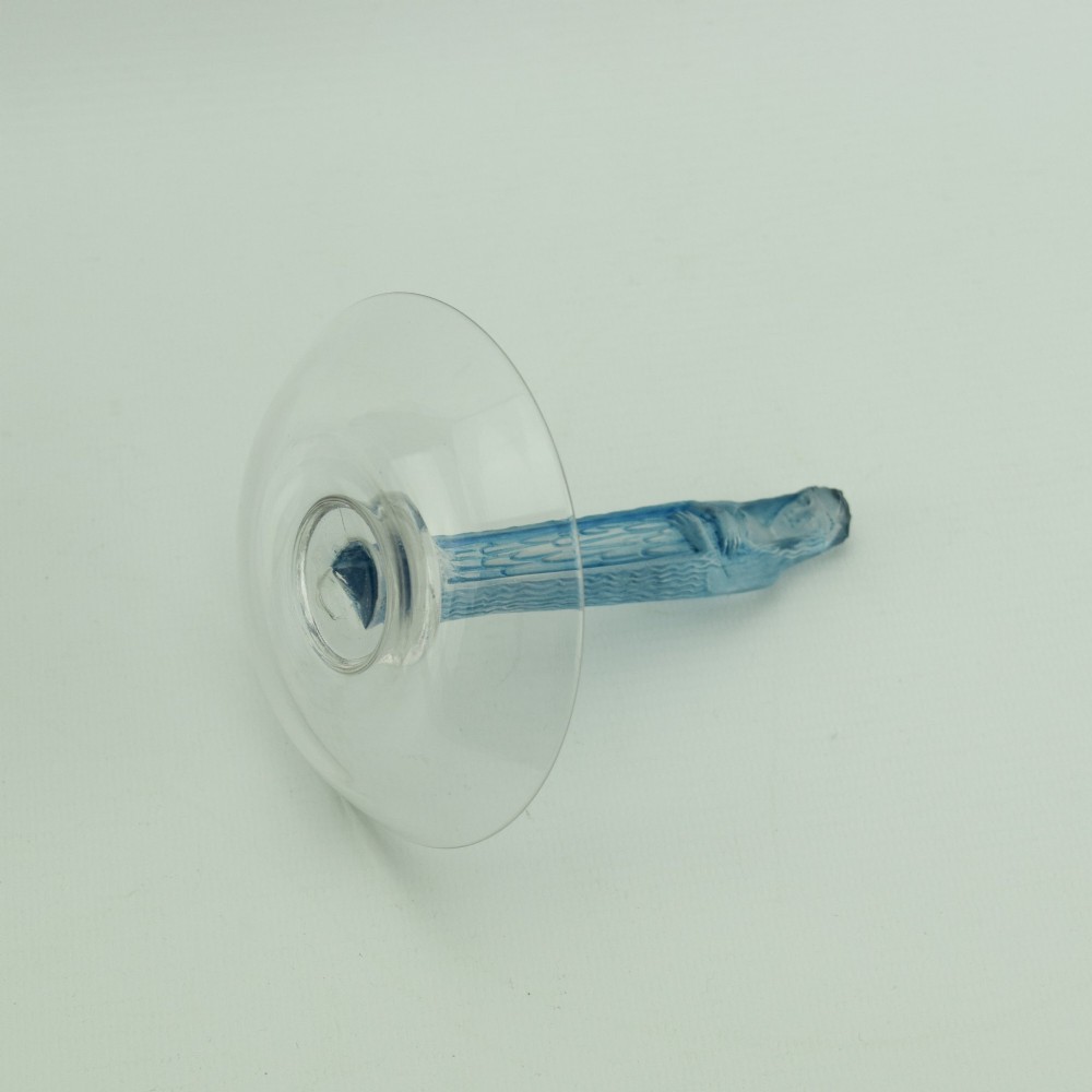 An Art Deco clear glass shallow dish featuring a central moulded frosted blue glass figure of a standing female water nymph. View VI