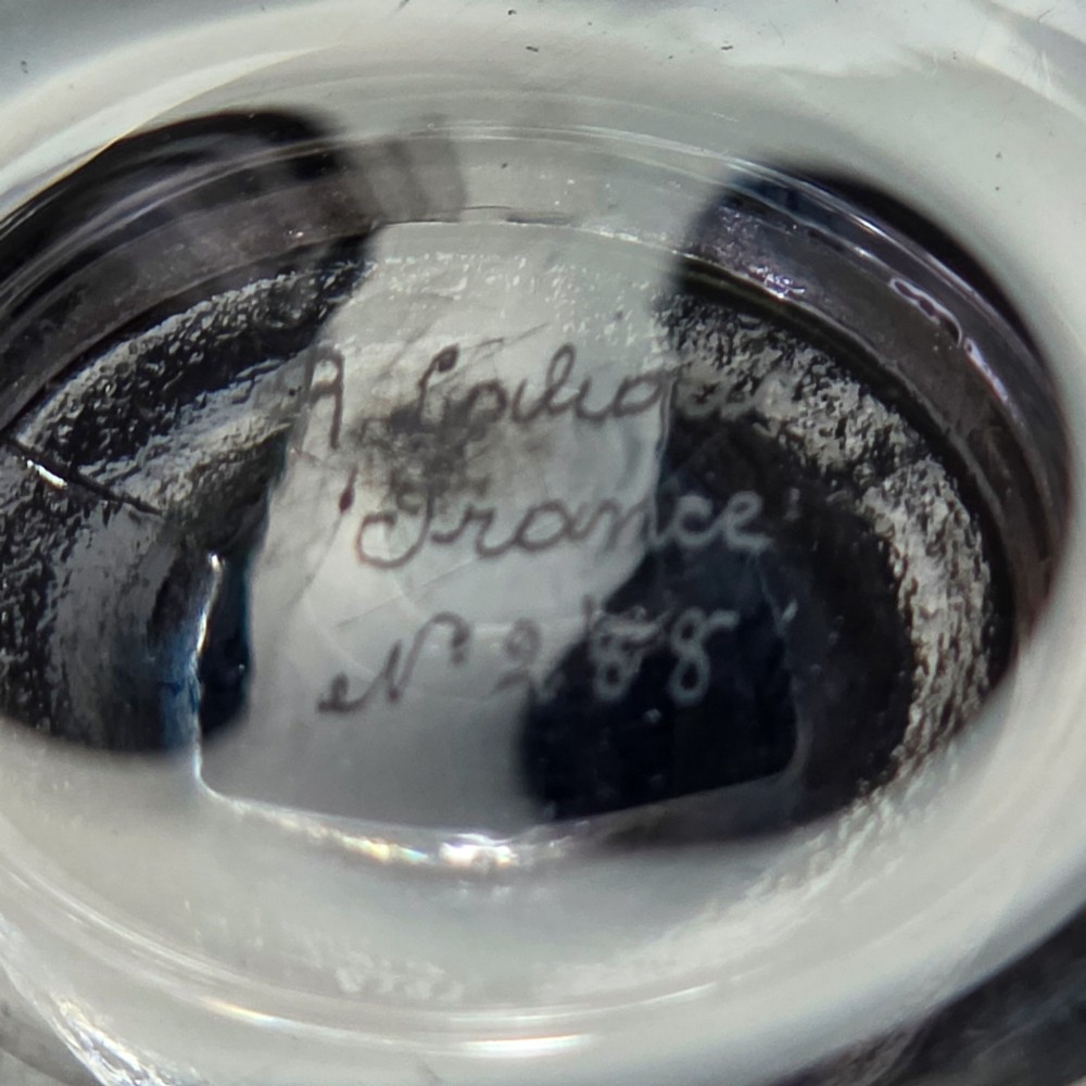 An Art Deco clear glass shallow dish featuring a central moulded frosted blue glass figure of a standing female water nymph. View VII