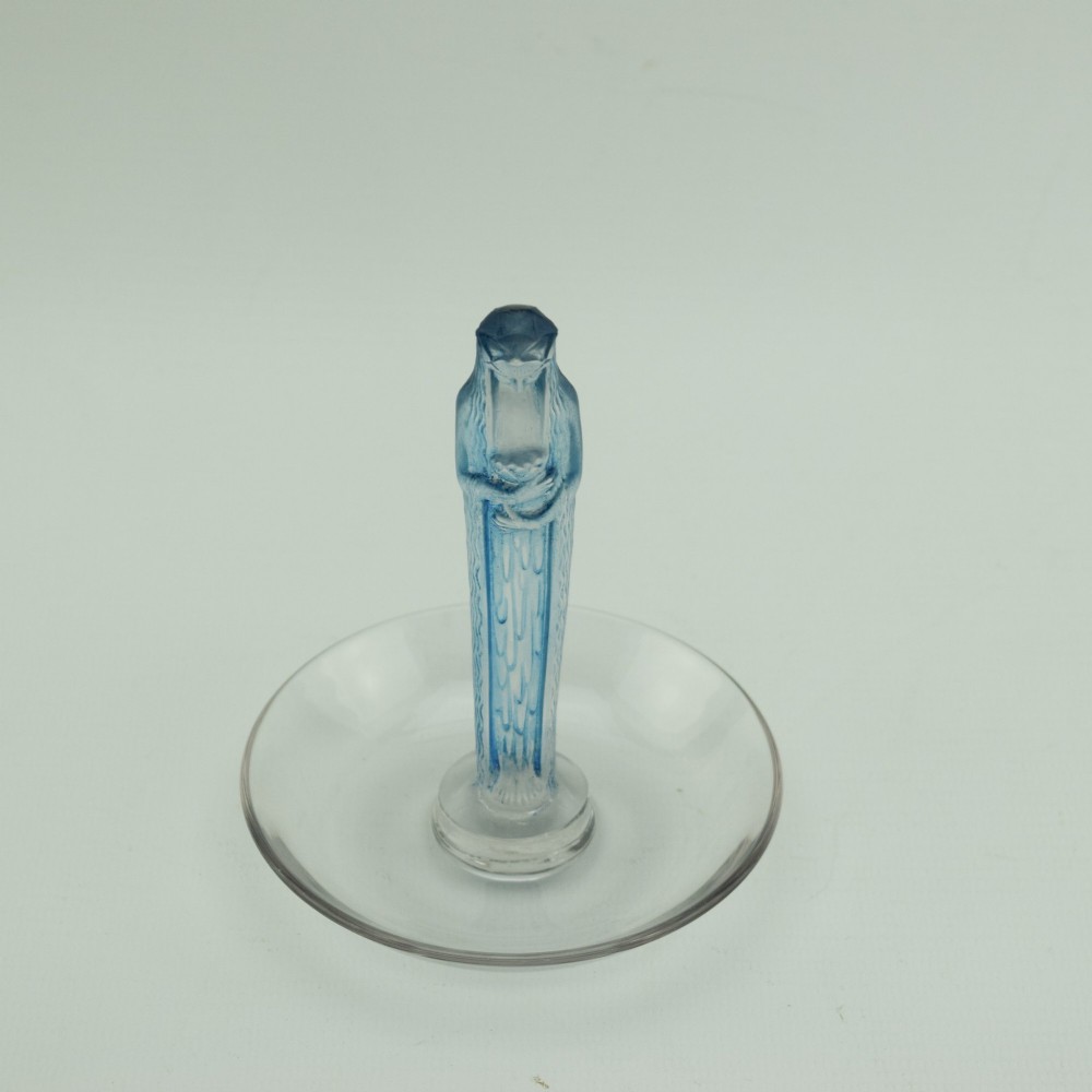 An Art Deco clear glass shallow dish featuring a central moulded frosted blue glass figure of a standing female water nymph. View VIII