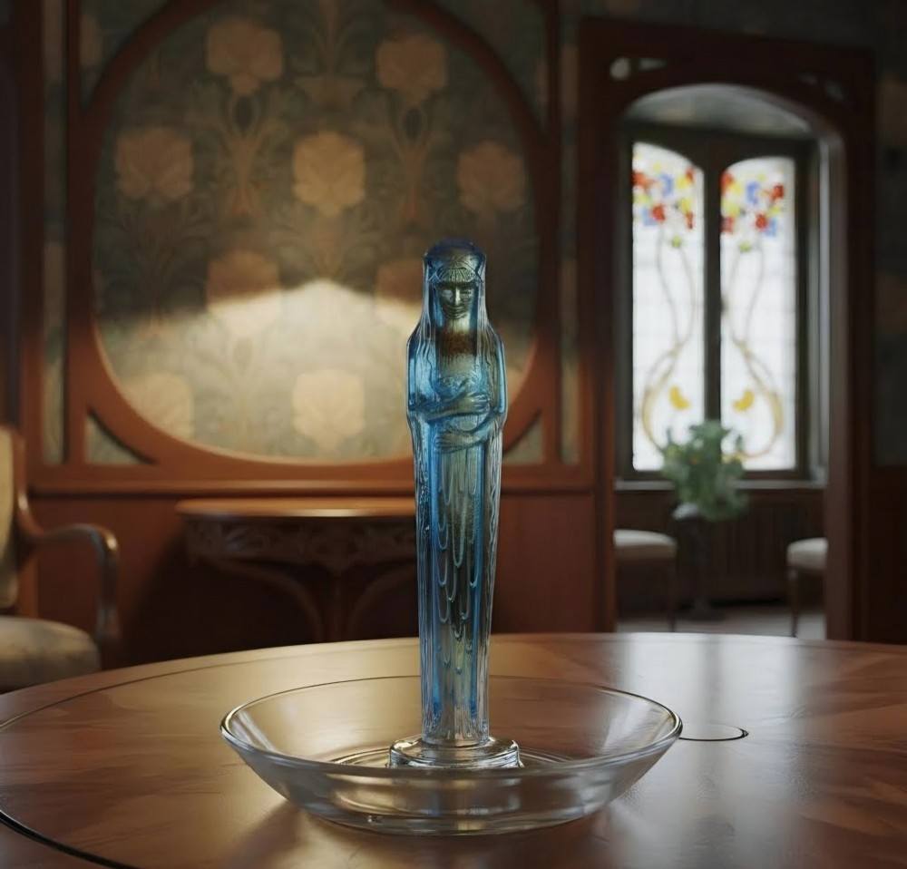 An Art Deco clear glass shallow dish featuring a central moulded frosted blue glass figure of a standing female water nymph. View IX