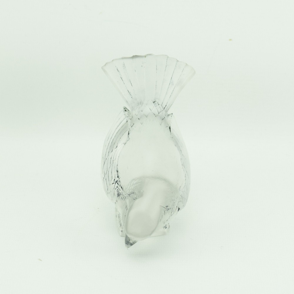 A Rene Lalique frosted glass paperweight shaped like a sparrow with its head turned downwards. View II