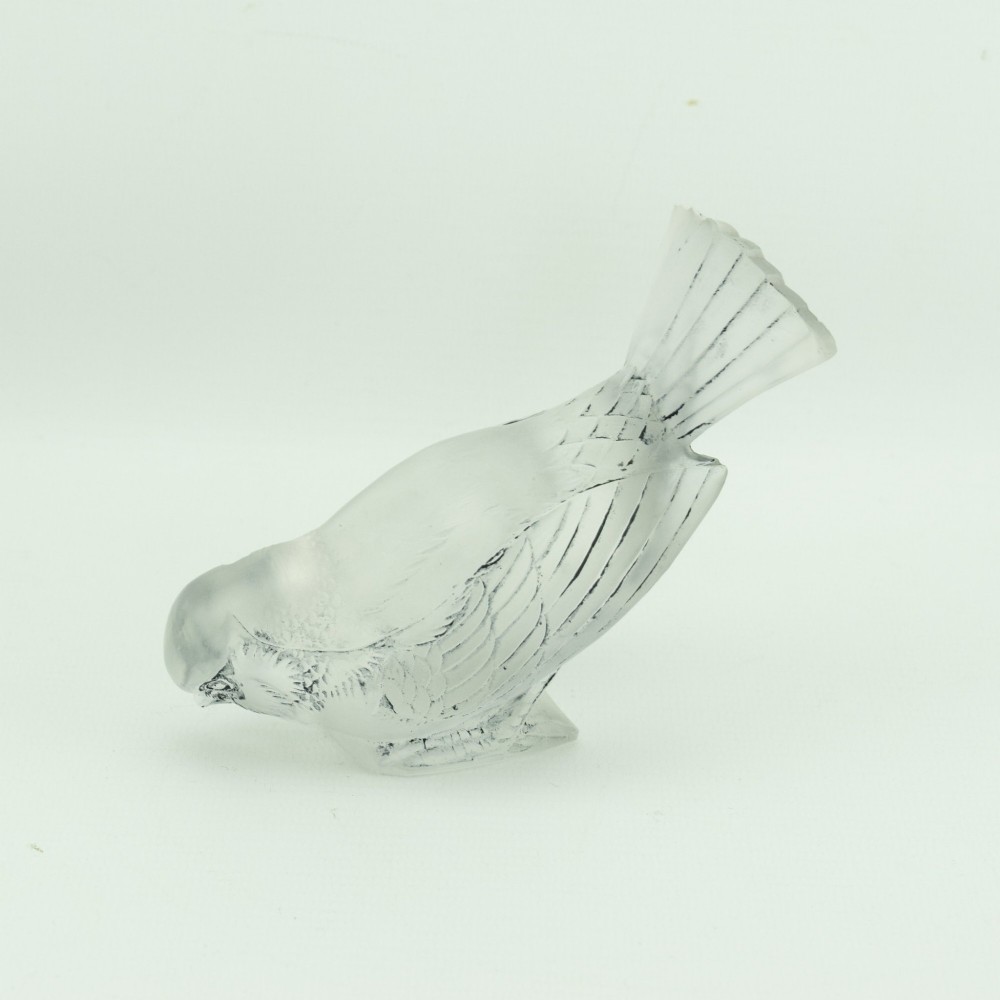 A Rene Lalique frosted glass paperweight shaped like a sparrow with its head turned downwards. View III