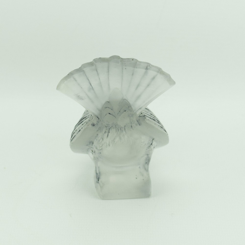 A Rene Lalique frosted glass paperweight shaped like a sparrow with its head turned downwards. View IV
