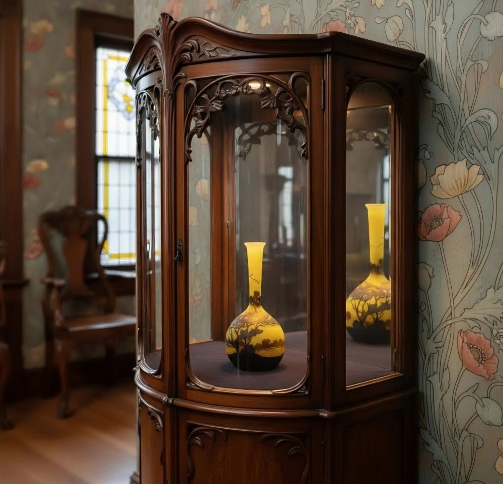 A yellow and dark brown Art Nouveau cameo glass vase featuring an acid-etched forest landscape with trees and birds on a long slender neck. View V