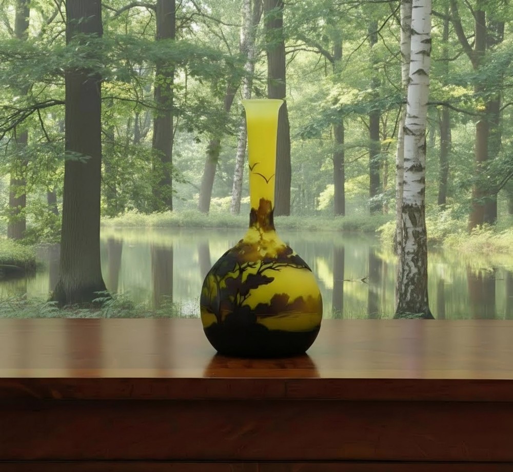 A yellow and dark brown Art Nouveau cameo glass vase featuring an acid-etched forest landscape with trees and birds on a long slender neck. View XI