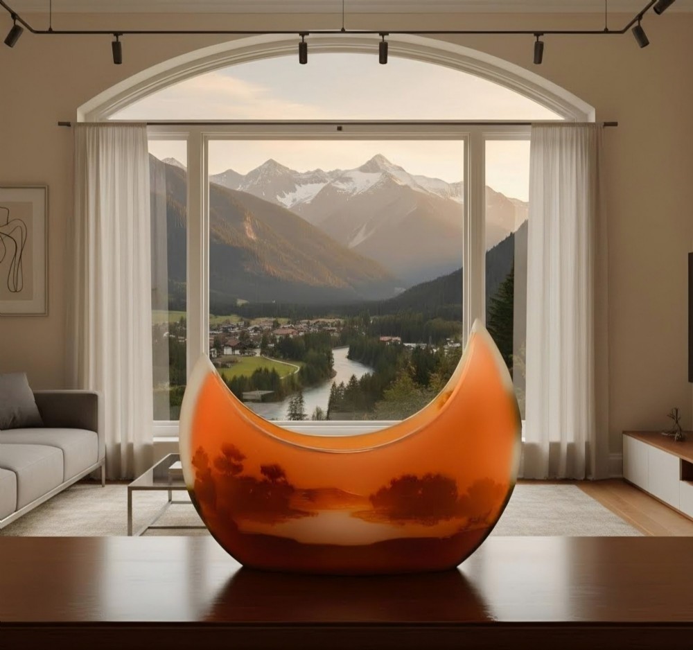 A crescent-shaped Art Nouveau cameo glass vase featuring an acid-etched river landscape in shades of burnt orange and dark brown against a frosted background. View III