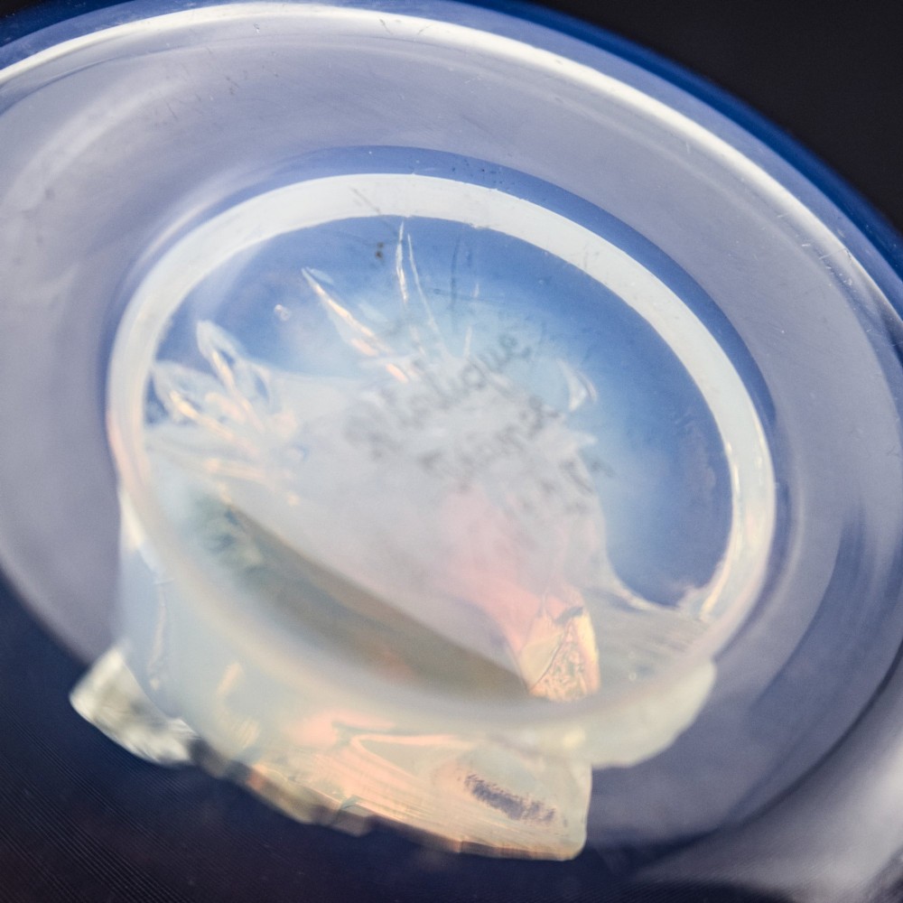 An Art Deco opalescent glass circular dish featuring a sculpted sparrow figure standing in the centre. View VIII