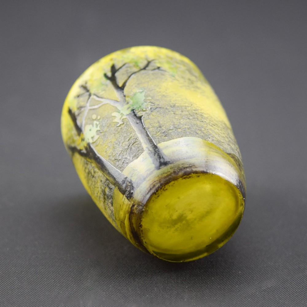 An Art Nouveau yellow cameo glass miniature vase featuring acid-etched and enamelled dark green tree trunks and summer foliage. View VII