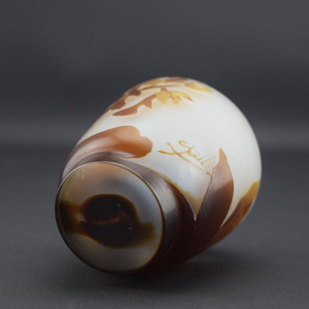 A small Art Nouveau cameo glass vase featuring brown acid-etched floral motifs over a frosted white background. View VI