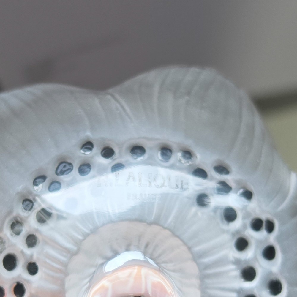 A Rene Lalique frosted clear glass paperweight shaped as an open anemone flower with black enamelled central detail. View VI
