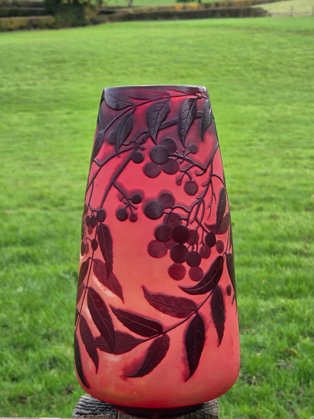 An Art Nouveau tapered cameo glass vase featuring a frosted coral orange ground with acid-etched dark red botanical leaf and berry motifs. View III