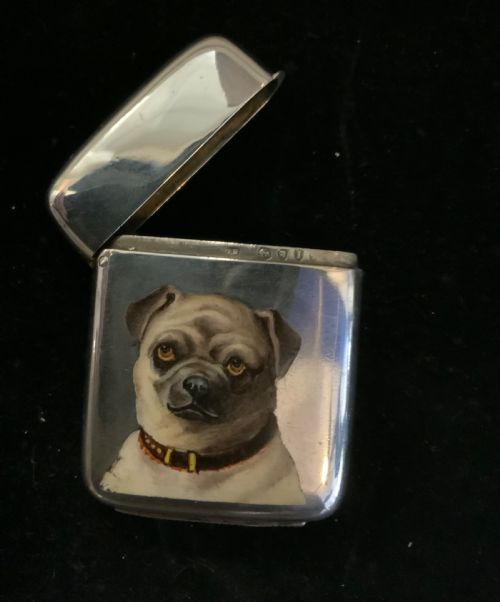 A Victorian Silver & Enamel Vesta Case with Pug Portrait