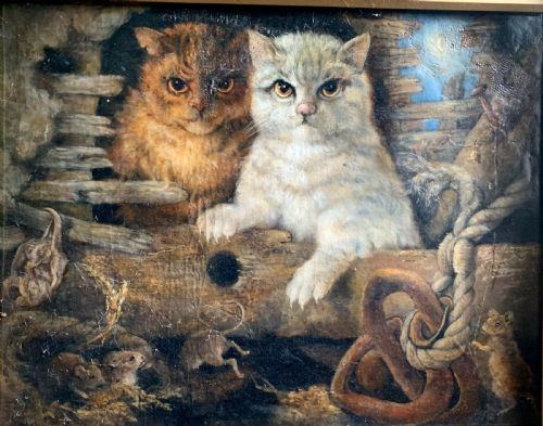Victorian Oil on Canvas: Cats on the Hunt