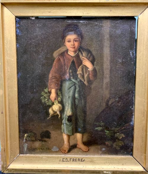 Small French Oil on Tin Boy with Turnips by E. Frere