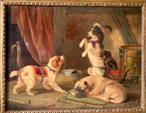 French 19th C Oil on Canvas - Dogs & Monkey