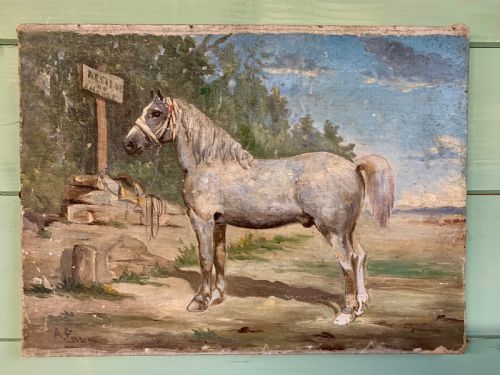 French Oil on Canvas of a Hunting Horse