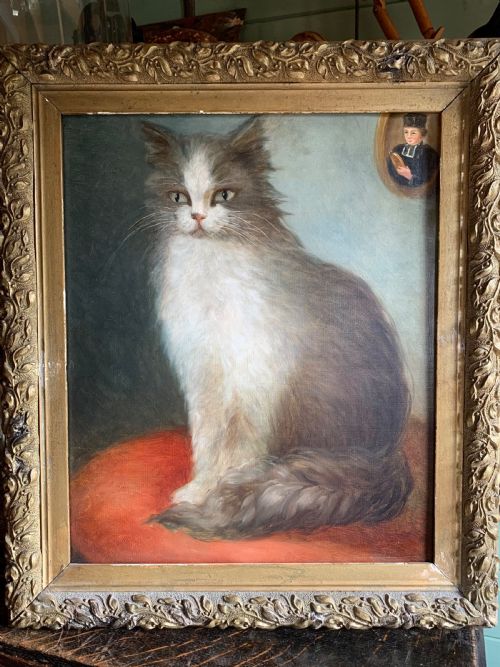 A Striking 19thc French Oil on Canvas of a Cat