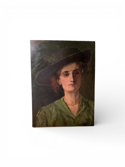 THE BLACK PLUMED HAT 1920S OIL ON BOARD - ADDITIONAL PHOTO 1