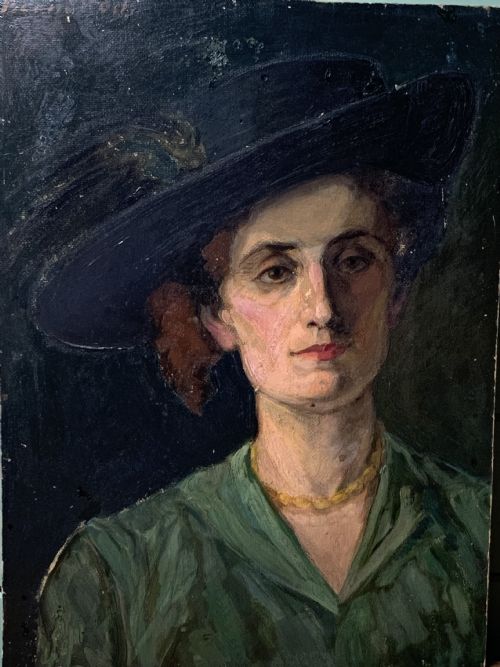 THE BLACK PLUMED HAT 1920S OIL ON BOARD - ADDITIONAL PHOTO 3