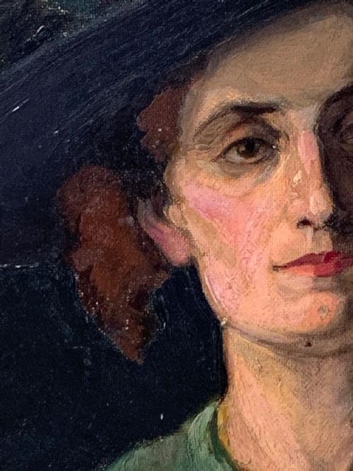 THE BLACK PLUMED HAT 1920S OIL ON BOARD - ADDITIONAL PHOTO 4