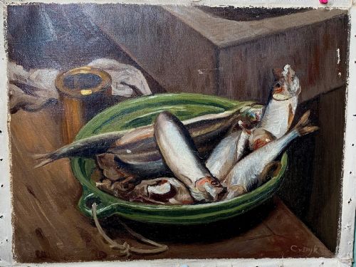 EARLY 20TH C FRENCH OIL PAINTING STILL LIFE WITH FISH - ADDITIONAL PHOTO 2