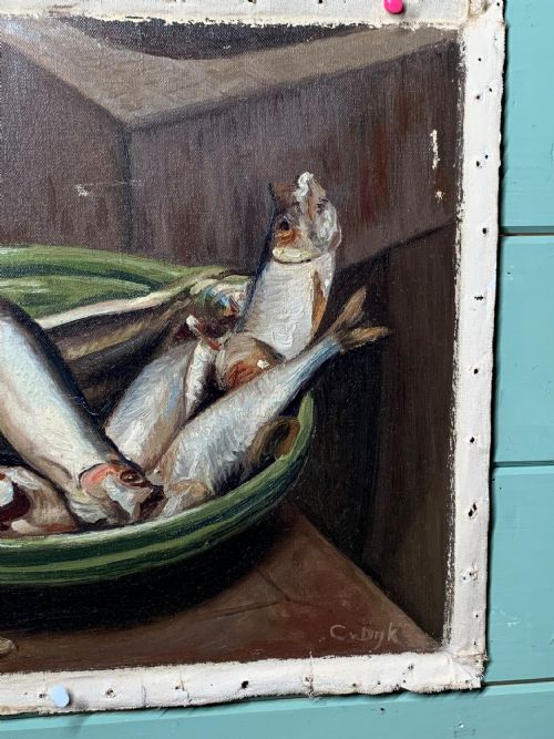 EARLY 20TH C FRENCH OIL PAINTING STILL LIFE WITH FISH - ADDITIONAL PHOTO 4