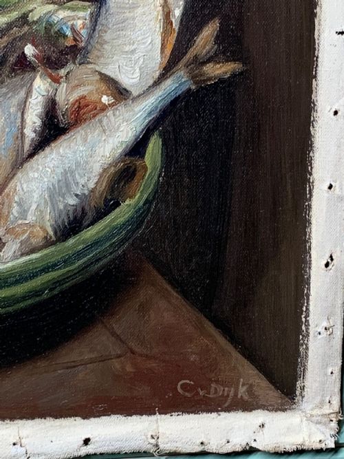 EARLY 20TH C FRENCH OIL PAINTING STILL LIFE WITH FISH - ADDITIONAL PHOTO 5
