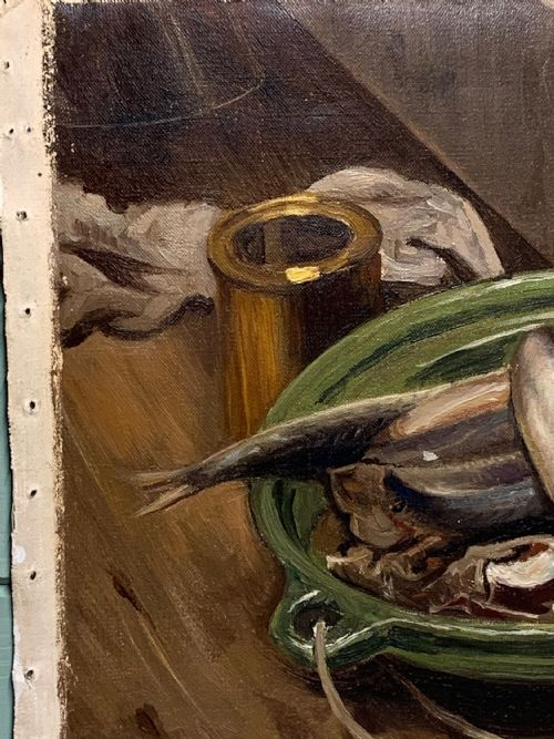 EARLY 20TH C FRENCH OIL PAINTING STILL LIFE WITH FISH - ADDITIONAL PHOTO 6
