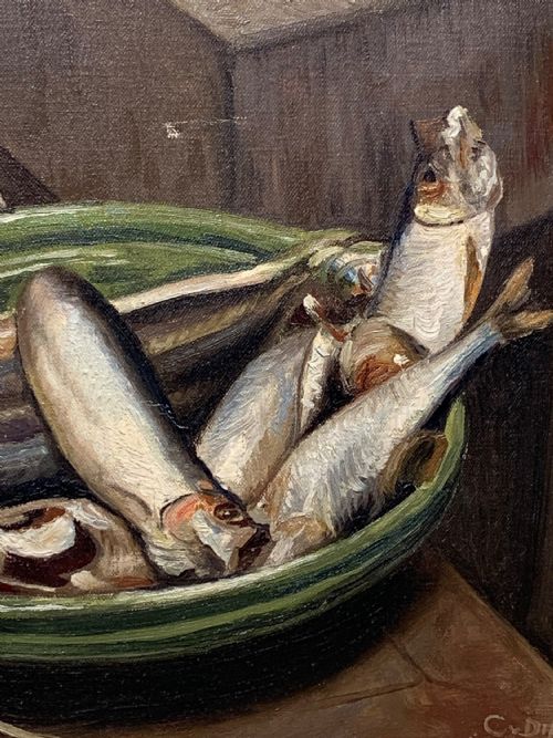 EARLY 20TH C FRENCH OIL PAINTING STILL LIFE WITH FISH - ADDITIONAL PHOTO 7