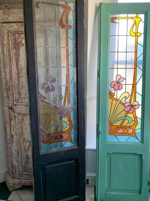 fig 1. RARE ART NOUVEAU PERIOD STAINED GLASS SET FRENCH DOORS